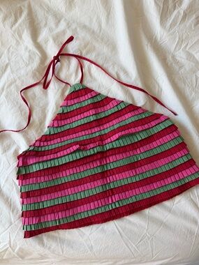 Sezane Pink, Red & Green Striped Ruffle Crop Top